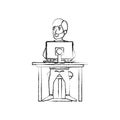 Blurred silhouette of bearded man with formal suit and side parted hair and sitting in chair in desk with computer
