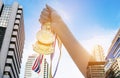 Blurred of silhouette Businesswoman hands raised and holding gold medals, show successful against modern building background. Con Royalty Free Stock Photo