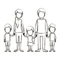 Blurred silhouette caricature faceless family with young parents and little kids taken hands