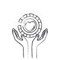 Blurred silhouette hands with floating coin with heart shape inside charity symbol