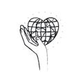 Blurred silhouette left hand holding in palm a earth globe world in heart shape