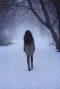 Blurred silhouette of a sad young girl in motion. brunette woman walks away, along a path in evening misty park. Winter