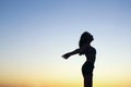 Blurred silhouette of young slender girl posing over beautiful sunset background. Royalty Free Stock Photo