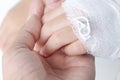 Blurred soft focus asian child girl hand with white gauze bandage wound and on mother hand , family support background