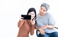 Blurred soft images of Asian wife and husband Who is patient from nervous system and paralysis or hemiplegia