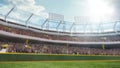 Blurred stadium crowd of fans sitting on tribune watching match on daytime. 3D render of outdoor baseball arena, stadium