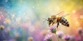 Blurred summer background with honey bee on flower close up Royalty Free Stock Photo