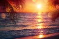 Blurred Sunset On Sea With Palm Leaves
