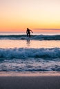 Blurred surfer on longboard. small waves during beautiful sunset. surfing behind arctic circle has advantage of midnight sun Royalty Free Stock Photo