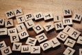 Blurred Text dice cube background. abstract blur. Text dice cube concept / Letter dices alphabet on wooden background. Block of