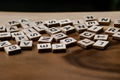 Blurred Text dice cube background. abstract blur. Text dice cube concept / Letter dices alphabet on wooden background. Block of