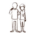 Blurred thick silhouette caricature faceless full body woman with side ponytail hairstyle and bald man embracing couple