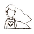 Blurred thick silhouette caricature faceless half body super hero woman with wavy long hair