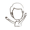 Blurred thick silhouette caricature faceless side view half body boy with hands up