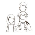 Blurred thin contour caricature faceless front view half body family with wavy long hair woman and bearded man with boy
