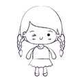 Blurred thin silhouette of kawaii little girl with braided hair and facial expression wink eye