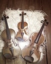 Blurred Three violins put on background,show detail and different size of acoustic instrument Royalty Free Stock Photo