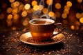 Blurred to dazzling bokeh in cozy caf scene with coffees, pastries, and warm lighting