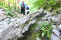 Blurred tourists hiking, walking on the path in the canyon in Prosiecka Valley Prosiecka dolina. Royalty Free Stock Photo