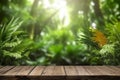 Blurred tropical nature background with green lush foliage vegetation jungle plants palm tree leaves with empty plank wood table