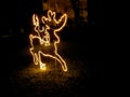 Blurred tropical night garden with figures of deers made up of lots of glowing light bulbs of garlands