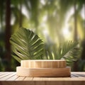 Blurred Tropical Palm Leaves Background: Wooden Product Display Podium, Generative AI