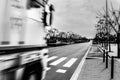 Blurred truck in the foreground with a road in front Royalty Free Stock Photo