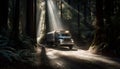 Blurred truck headlights highlight autumn fog journey generated by AI