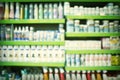 Blurred view of animal shampoos, vitamins