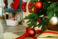 Blurred view of festive interior, focus on decorated Christmas tree Royalty Free Stock Photo