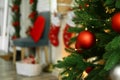 Blurred view of beautiful festive interior, focus on Christmas tree Royalty Free Stock Photo