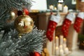 Blurred view of festive interior, focus on decorated Christmas tree Royalty Free Stock Photo