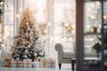 Blurred view of Christmas decorated room with gift boxes. Generate Ai Royalty Free Stock Photo