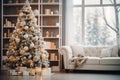 Blurred view of Christmas decorated room with leather sofa. Generate Ai Royalty Free Stock Photo