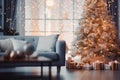 Blurred view of Christmas decorated room with lights. Generate Ai Royalty Free Stock Photo