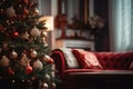 Blurred view of Christmas decorated room. Generate Ai Royalty Free Stock Photo