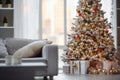 Blurred view of Christmas decorated tree in room. Generate Ai Royalty Free Stock Photo