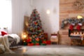 Blurred view of Christmas living room interior Royalty Free Stock Photo