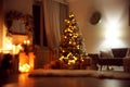 Blurred view of festive interior with Christmas tree Royalty Free Stock Photo