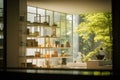 A blurred view inside of house from windows, in the style of bauhaus