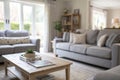 Blurred view of light living room with grey sofas Royalty Free Stock Photo