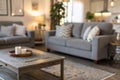 Blurred view of living room with grey sofas and coffee table Royalty Free Stock Photo
