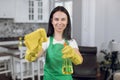 Blurred view of pretty smiling young female cleaner in gloves and apron, spraying cleaner detergent to camera and making