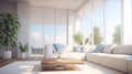 Blurred view of a sunlit modern living room with large windows.