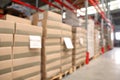 Blurred view of warehouse with boxes. Wholesaling