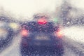 Blurred view through the windshield of a car with raindrops on the stop signals car. Concept of drive safety on the road