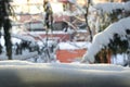 Blurred view from winter snow covered window Royalty Free Stock Photo