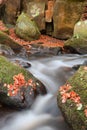 Blurred water detail with rocks nad Autumn leaves in Padley Gorge in Peak District Royalty Free Stock Photo