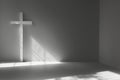 a white cross, with shadow, on a grey background