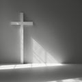 a white cross, with shadow, on a grey background